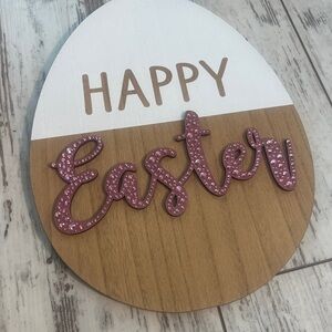 Custom Wood Easter Egg Wall Sign Happy Easter Metallic Pink Rhinestones